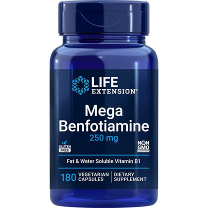 Life Extension Mega Benfotiamine 250mg front view bottle authentic vitamin B1 supplement