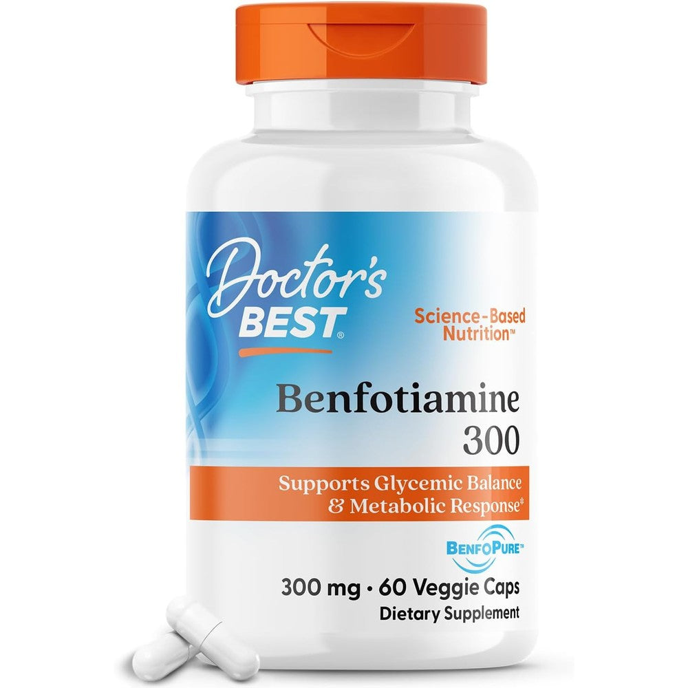 Doctor's Best Benfotiamine 300 milligram bottle front view showing brand logo and key certifications.