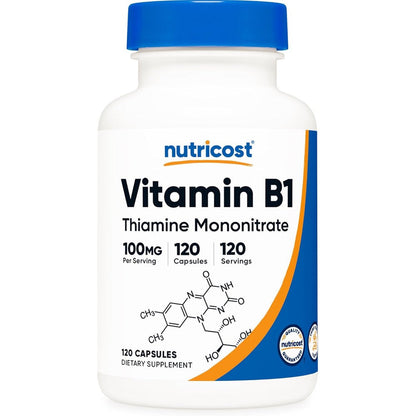 Nutricost Vitamin B1 Thiamine 100mg 120 Capsules front bottle view for energy metabolism supplement.