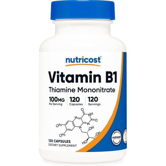 Nutricost Vitamin B1 Thiamine 100mg 120 Capsules front bottle view for energy metabolism supplement.