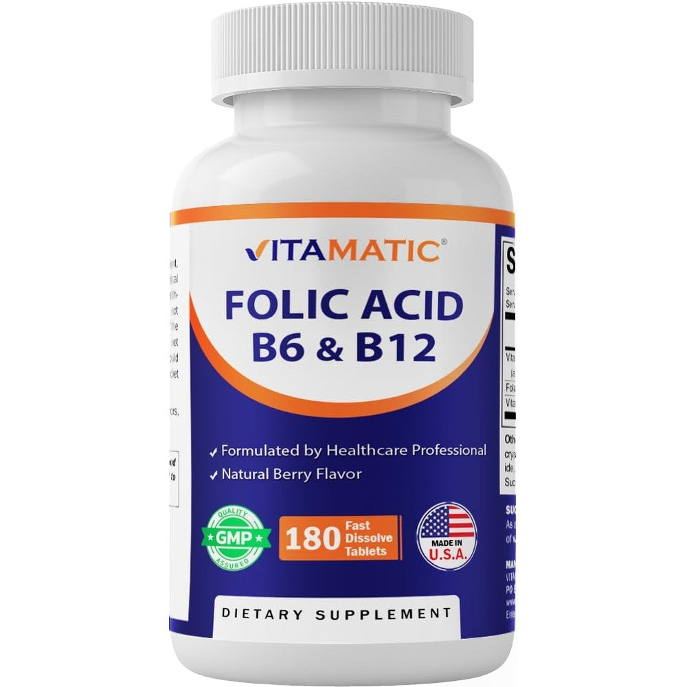 Vitamatic Folic Acid Vitamin B12 B6 180 Tablets front view