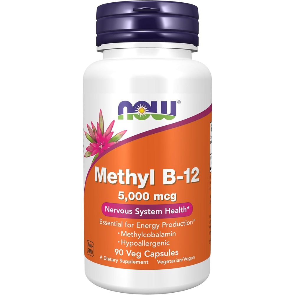 NOW Foods Methyl B12 5000mcg front view bottle showing 90 vegetarian capsules for nervous system health support