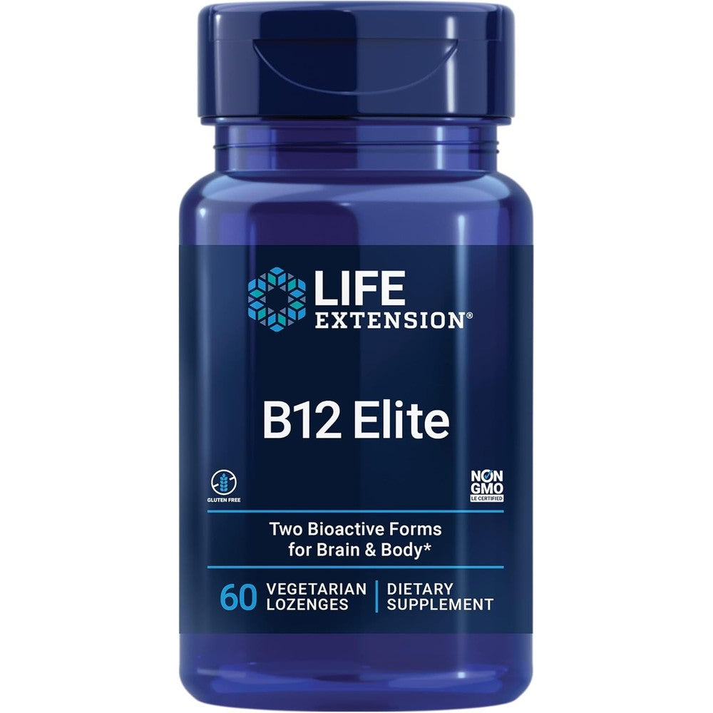 Life Extension B12 Elite 60 lozenges front view bottle showing premium USA packaging.