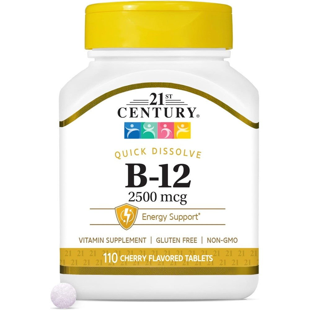 21st Century Vitamin B12 Sublingual 110 Count front bottle view showcasing cherry flavor energy support.