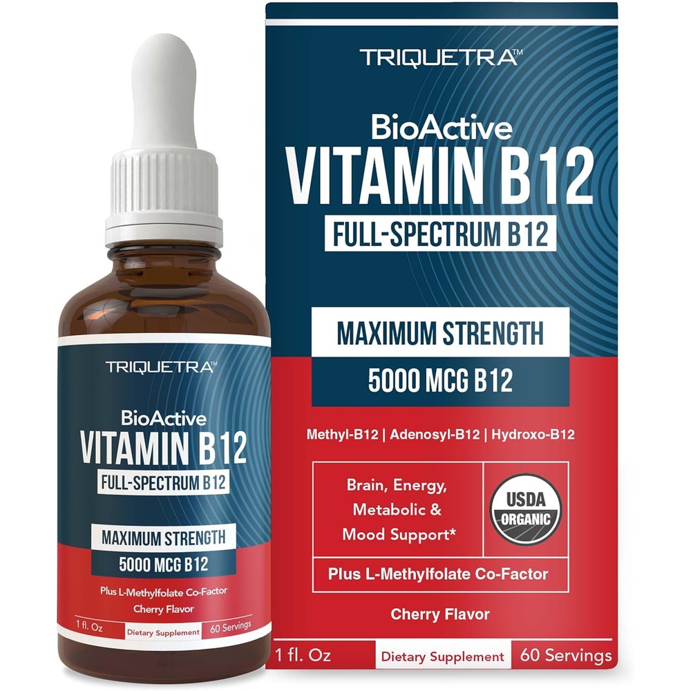Triquetra Health BioActive Vitamin B12 sublingual liquid bottle front view for premium health supplementation.