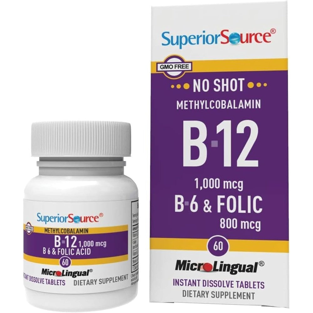 Superior Source No Shot Vitamin B12 Methylcobalamin front view bottle of sublingual tablets for energy support
