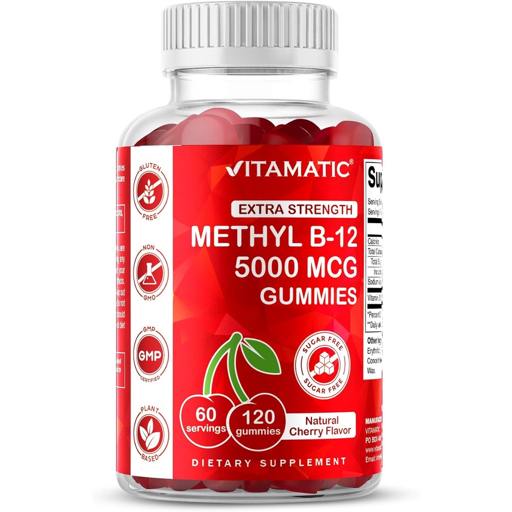 Vitamatic Extra Strength Vitamin B12 5000 Micrograms Gummies front bottle view for energy metabolism support in India.