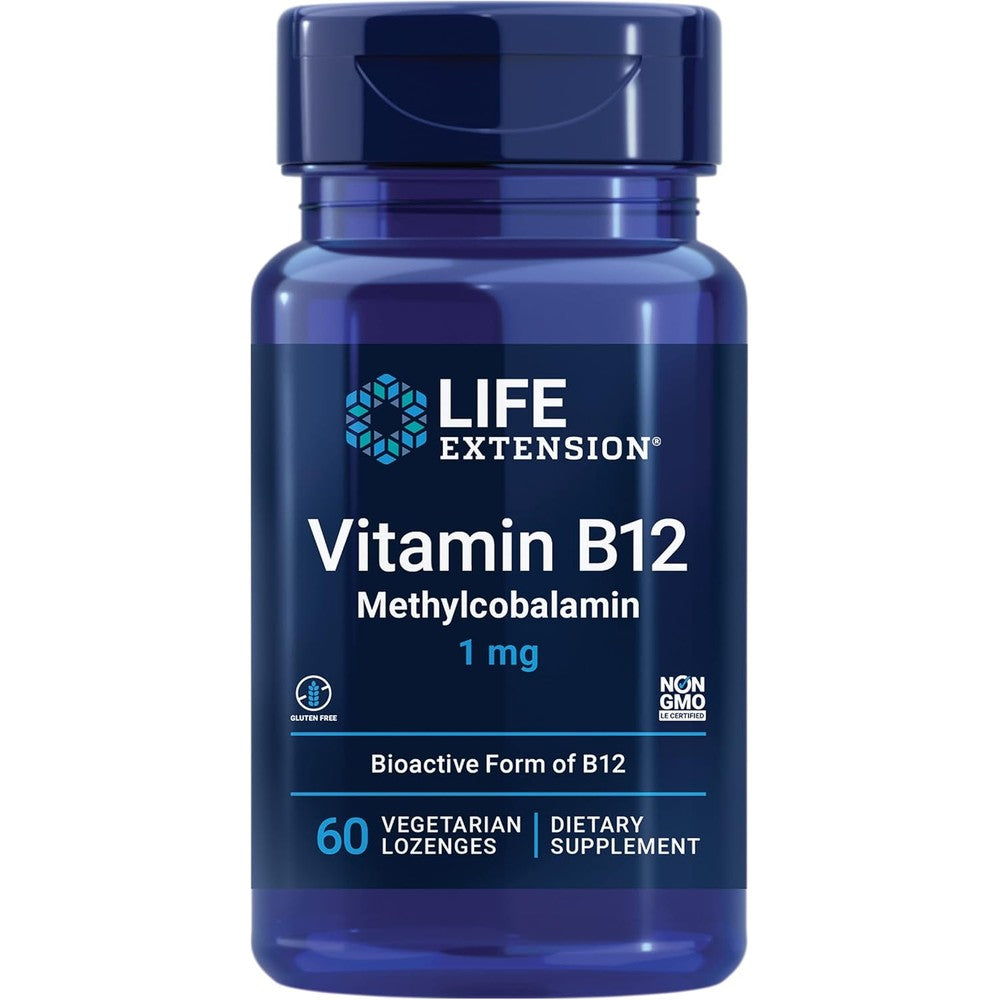Life Extension Vitamin B12 Methylcobalamin 1mg front view bottle containing sixty vegetarian lozenges for nerve health support.