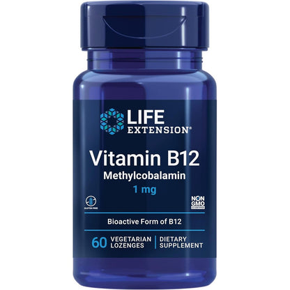 Life Extension Vitamin B12 Methylcobalamin 1mg front view bottle containing sixty vegetarian lozenges for nerve health support.