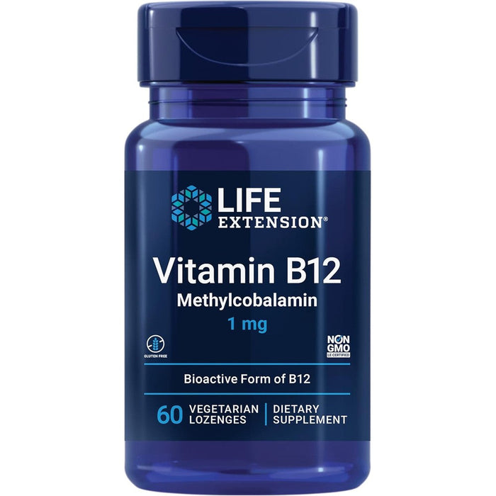 Life Extension Vitamin B12 Methylcobalamin 1mg front view bottle containing sixty vegetarian lozenges for nerve health support.