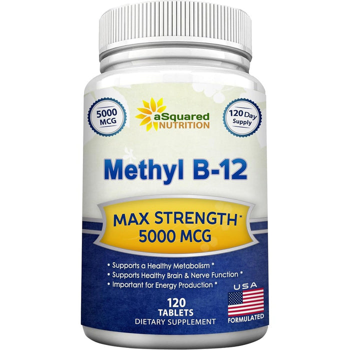 aSquared Nutrition Vitamin B12 5000 MCG 120 tablets front bottle view for natural energy support