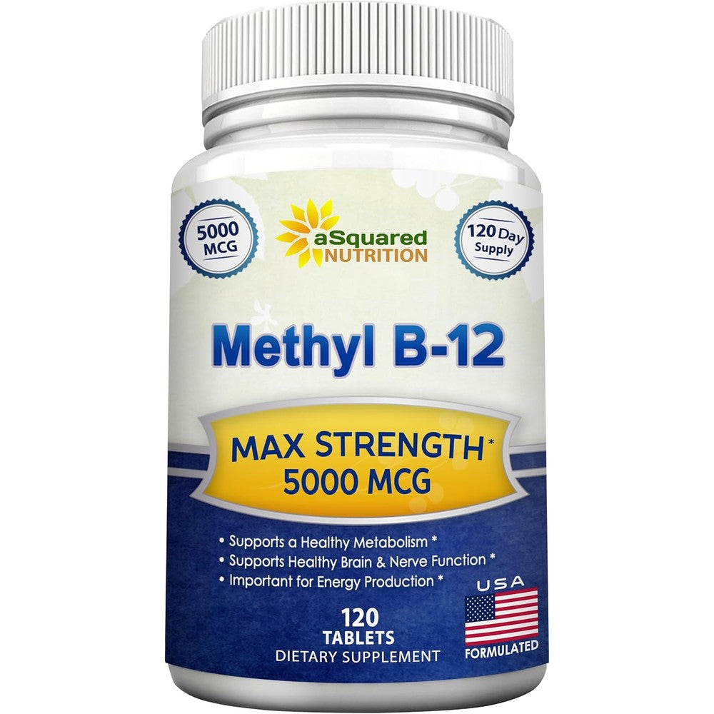 aSquared Nutrition Vitamin B12 5000 MCG 120 tablets front bottle view for natural energy support