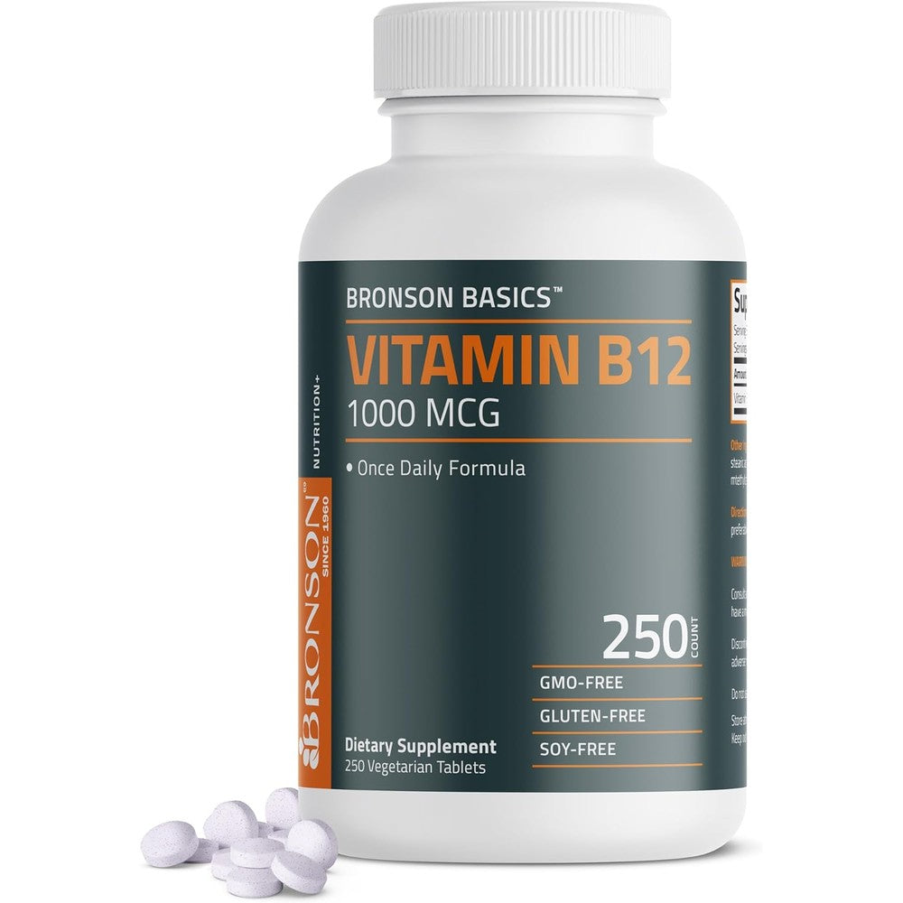 Bronson Vitamin B12 1000mcg Once Daily Formula 250 tablets front bottle view energy supplement