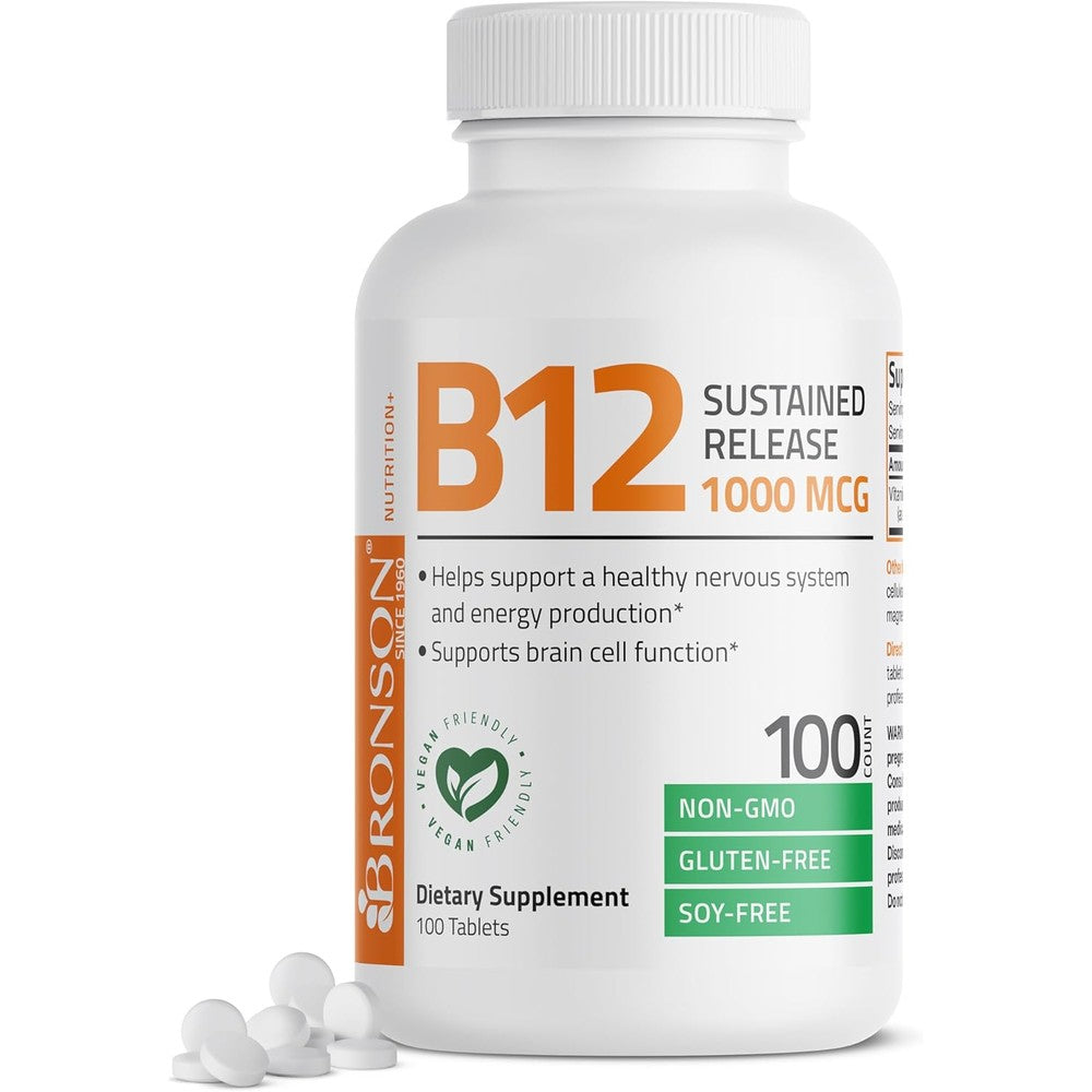 Bronson Vitamin B12 1000 mcg Sustained Release 100 tablets front bottle view for energy production