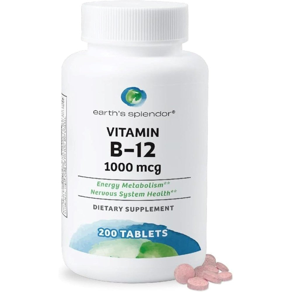 Earth's Splendor Vitamin B12 200 tablets front bottle view showing energy supplement label.