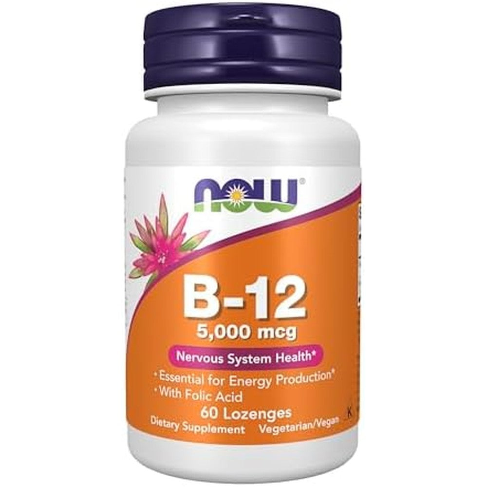 NOW Foods Vitamin B12 5000mcg 60 lozenges front bottle view for energy support supplement