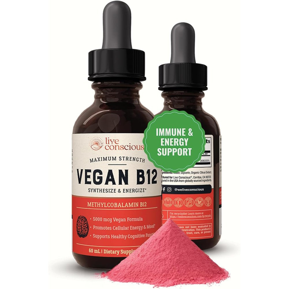 Live Conscious Vegan Vitamin B12 Liquid Drops 60 Milliliters front view for high potency daily energy supplementation