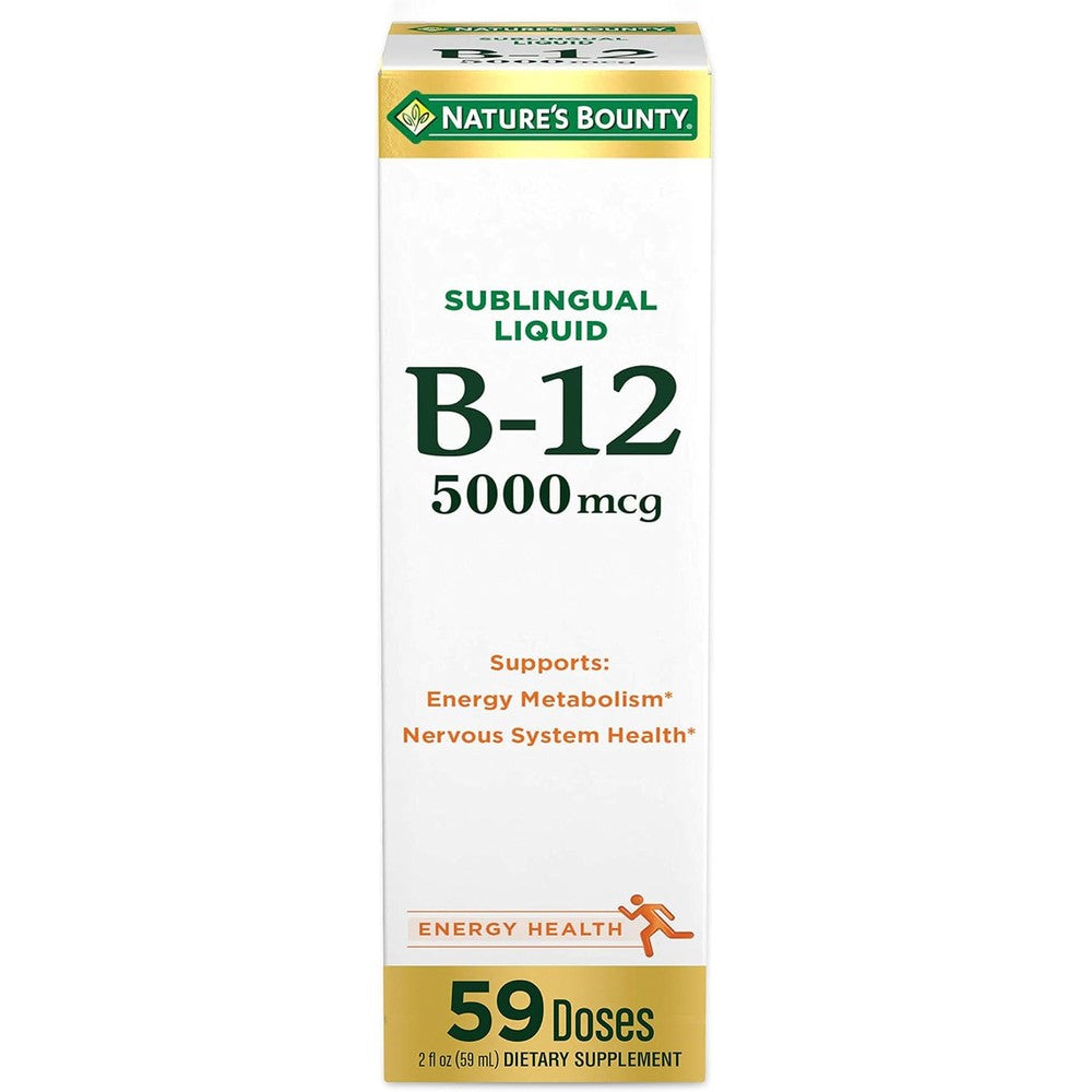Nature's Bounty Vitamin B12 5000 mcg Sublingual Liquid bottle front view displaying the natural berry flavor label.