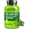 NATURELO Vegan Vitamin B12 1000mcg front view of the 90 capsules supplement bottle showing the organic spirulina blend.