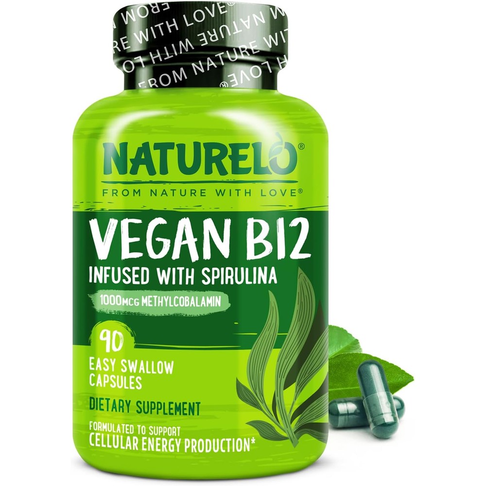 NATURELO Vegan Vitamin B12 1000mcg front view of the 90 capsules supplement bottle showing the organic spirulina blend.