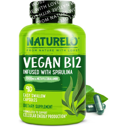 NATURELO Vegan Vitamin B12 1000mcg front view of the 90 capsules supplement bottle showing the organic spirulina blend.