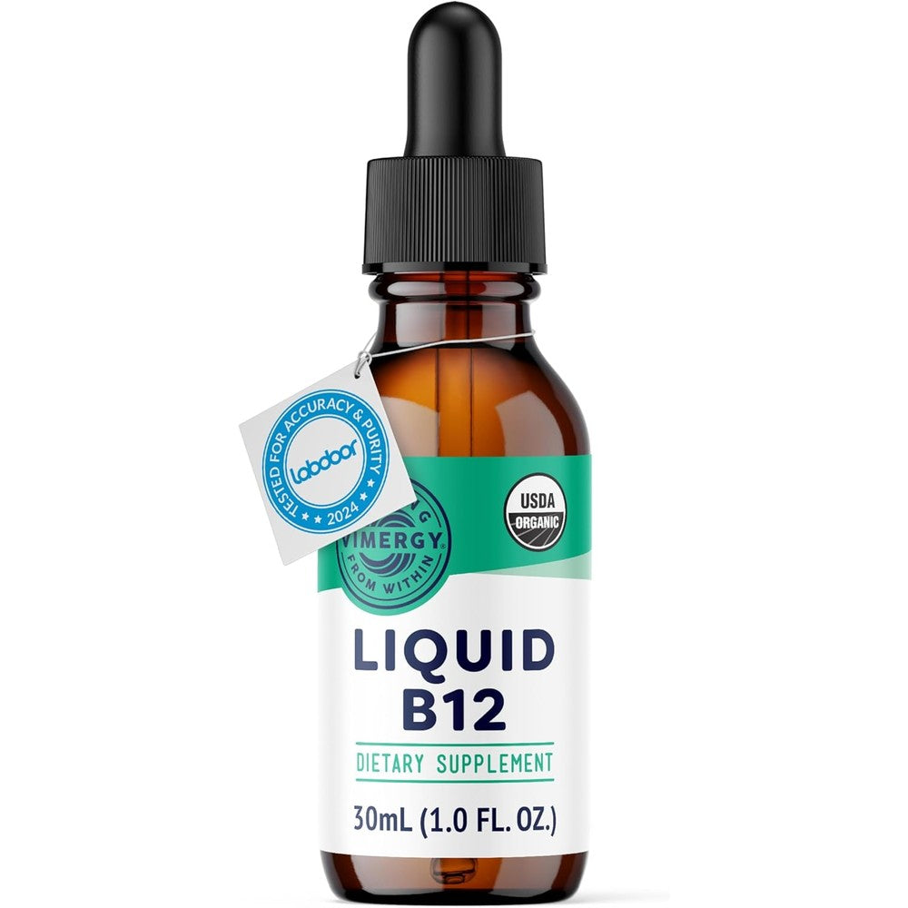 Vimergy USDA Organic Liquid Vitamin B12 30ml bottle front view showing organic supplement labelling.