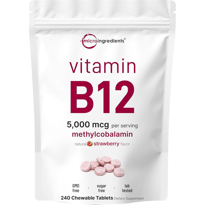 Micro Ingredients Vitamin B12 5000mcg pouch front view showing strawberry flavor details