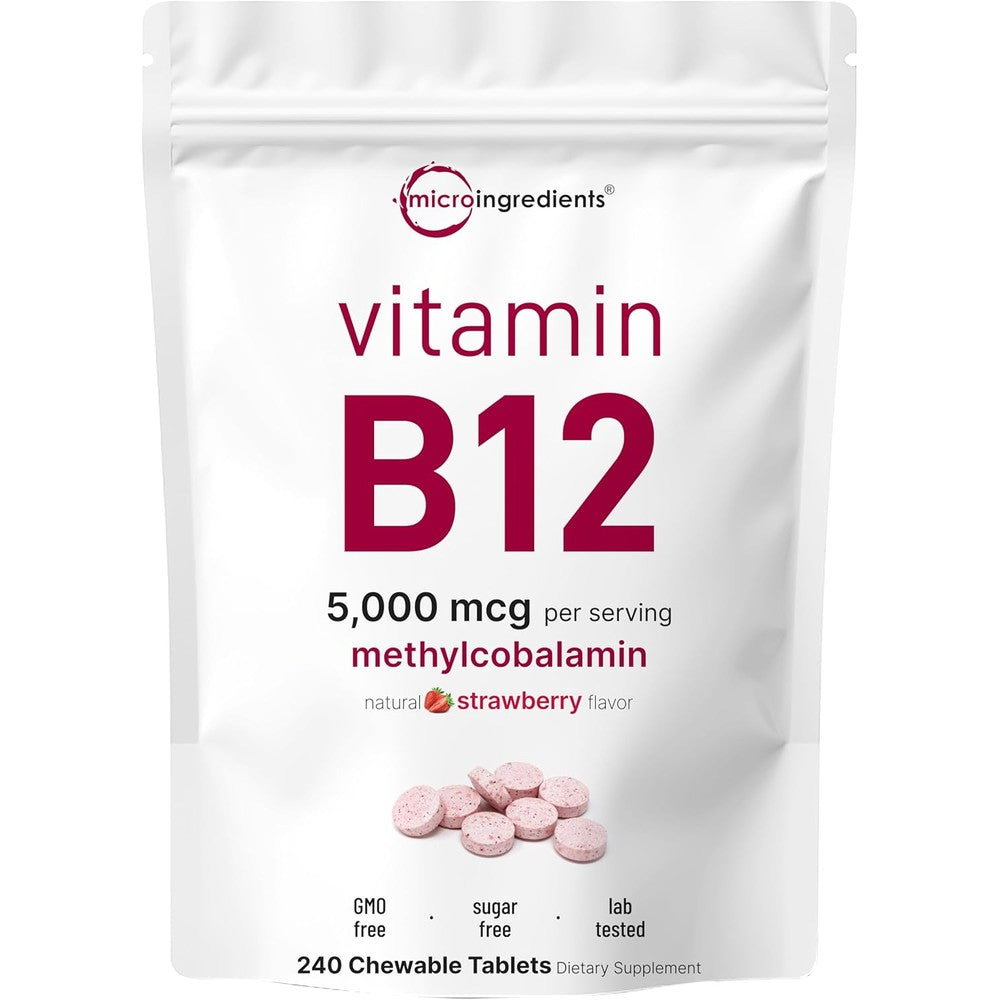Micro Ingredients Vitamin B12 5000mcg pouch front view showing strawberry flavor details