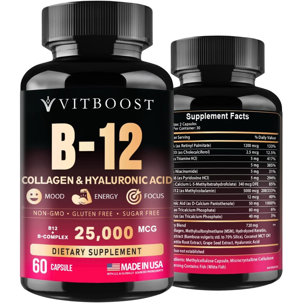 Vitboost B12 Complex 25000mcg front view of supplement bottle