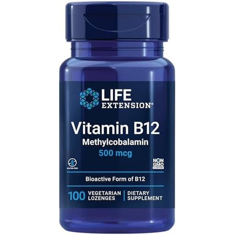 Life Extension Vitamin B12 Methylcobalamin 500mcg front view bottle showing 100 vegetarian lozenges for premium brain health.