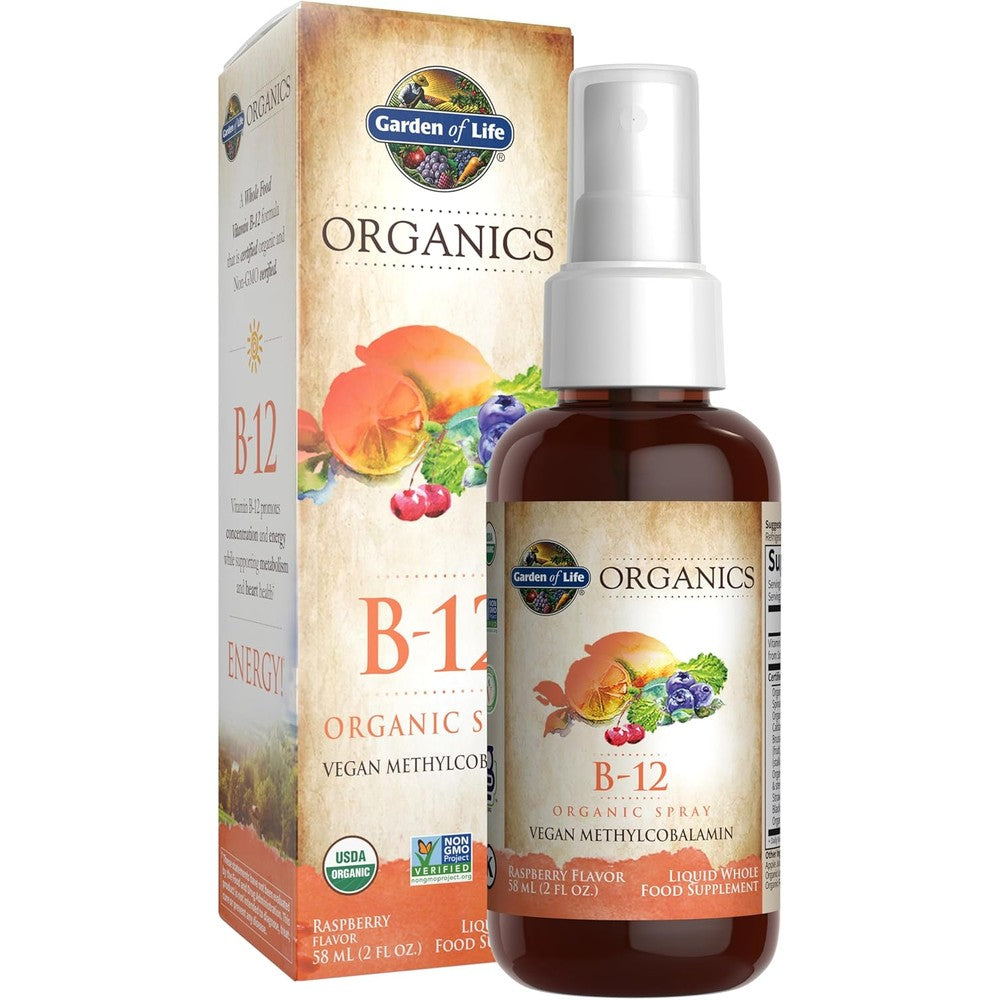 Garden of Life Organics B12 Liquid Vitamin Spray front view bottle showcasing the packaging.