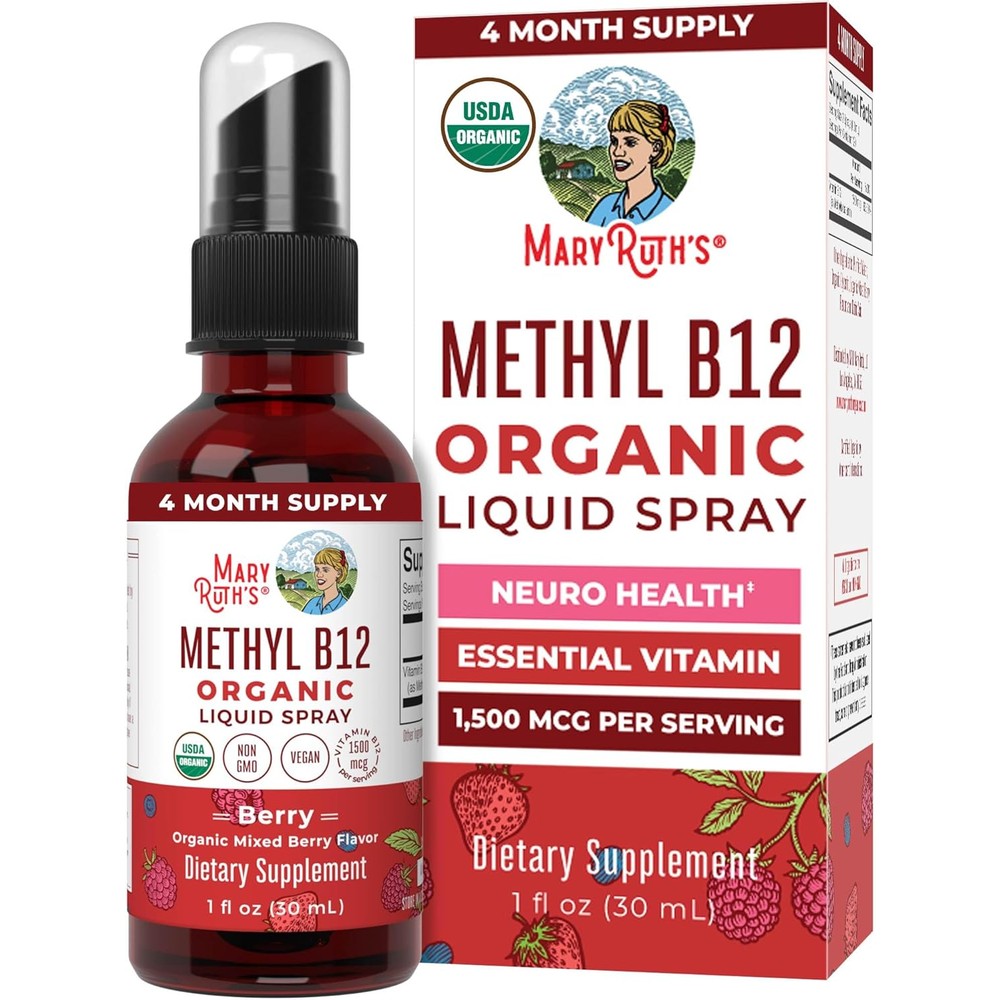 MaryRuth's Organic Methyl B12 Liquid Spray front view showing the 1500 mcg berry flavor label.