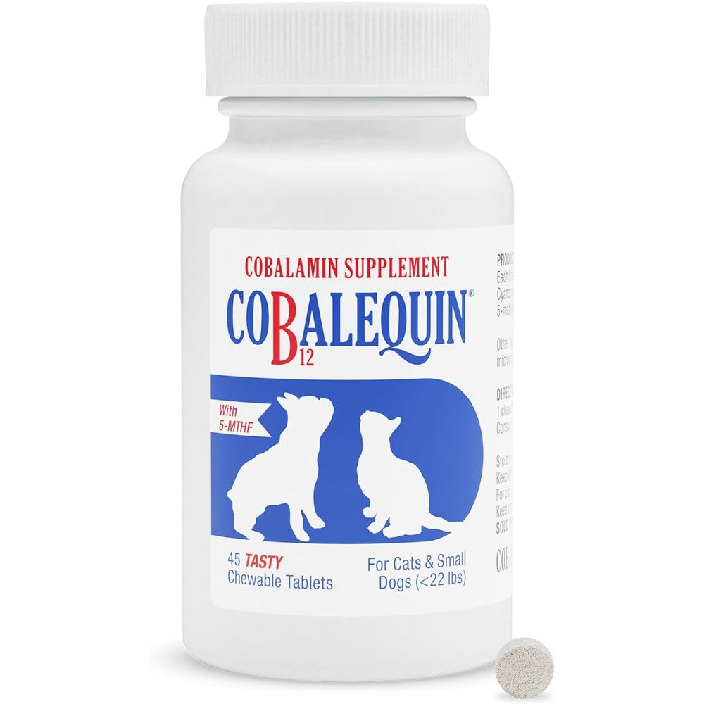 Nutramax Cobalequin B12 oral supplement for cats and small dogs 45 chewable tablets front packaging view