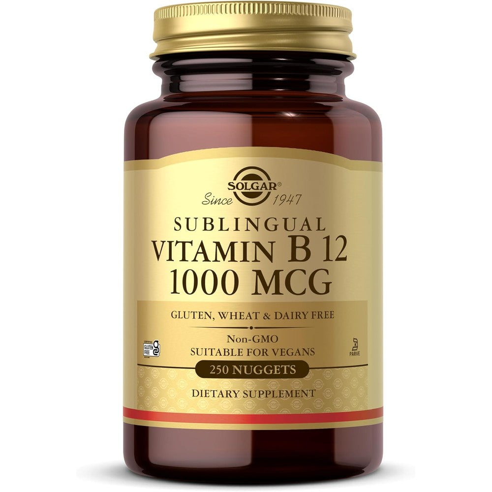 Solgar Sublingual Vitamin B12 1000 mcg 250 Nuggets front bottle view showing gold cap
