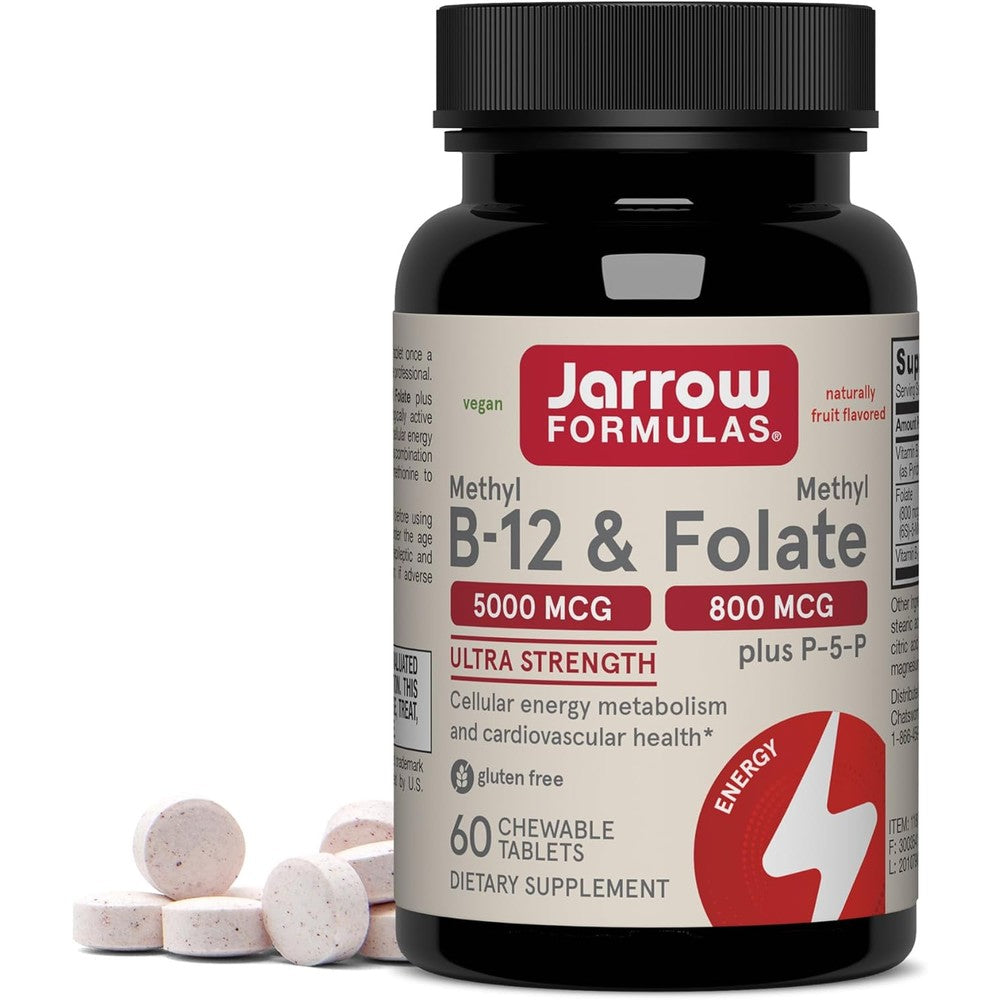 Jarrow Formulas Ultra Strength Methyl B12 and Methyl Folate bottle front view showcasing cherry flavor details
