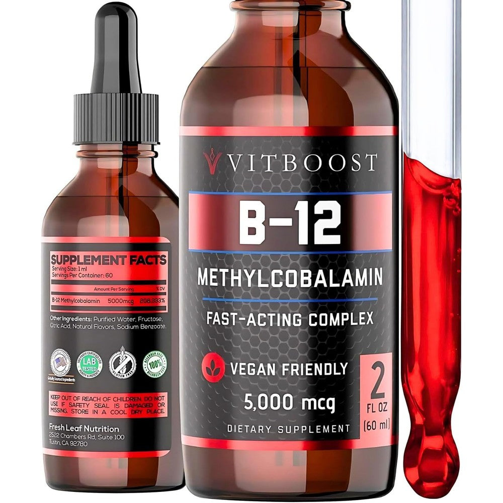 VITBOOST Vegan Liquid B12 Drops front view bottle showing raspberry flavor label