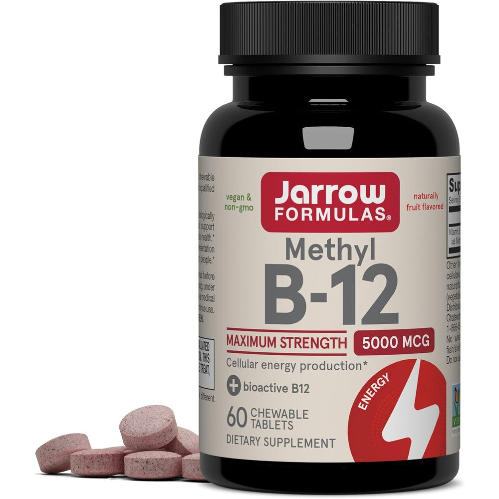 Jarrow Formulas Methyl B12 5000 mcg 60 chewable tablets front bottle view for cellular energy support