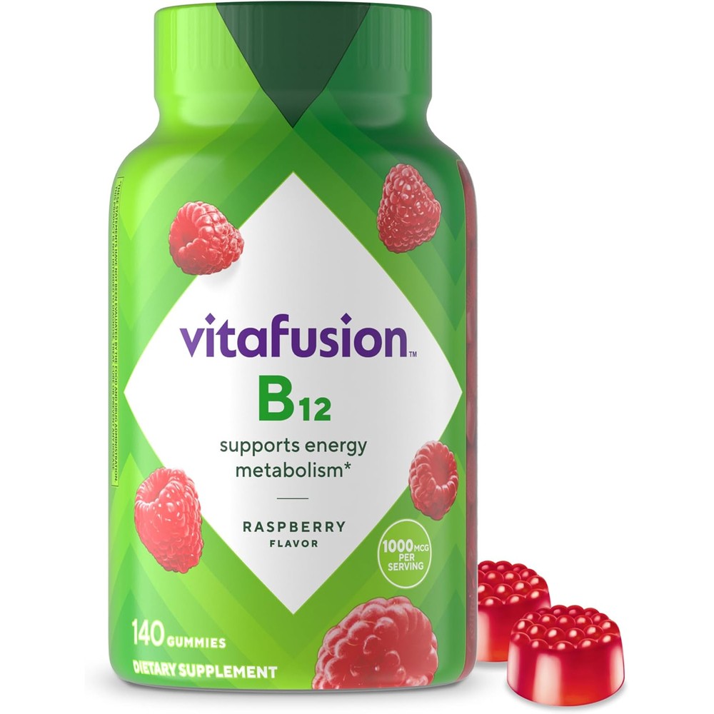 Vitafusion Vitamin B12 1000 Mcg Raspberry 140 Gummies front bottle view for energy metabolism support