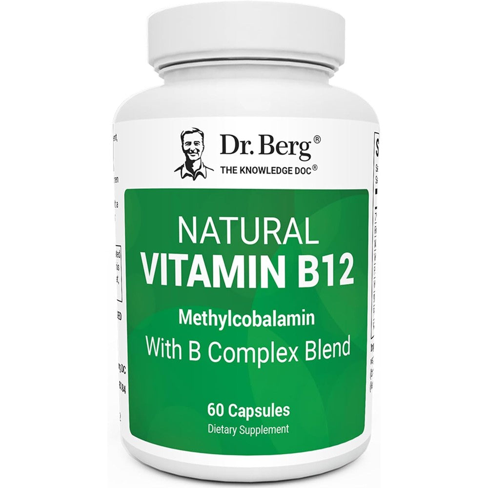 Dr. Berg Natural Vitamin B12 1000mcg bottle front view showing capsule count and key benefits.