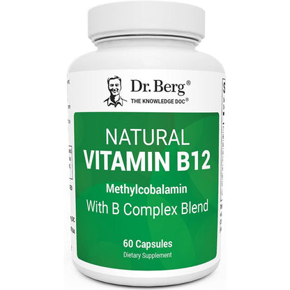 Dr. Berg Natural Vitamin B12 1000mcg bottle front view showing capsule count and key benefits.