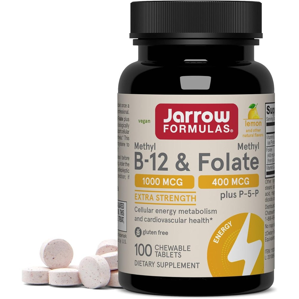 Jarrow Formulas Methyl B12 and Methyl Folate front bottle view showing 100 chewable tablets
