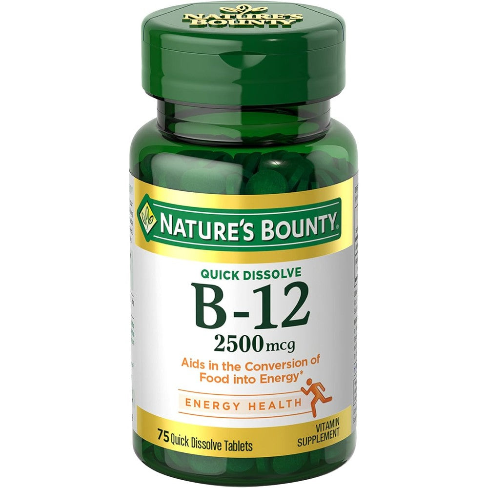 Nature's Bounty Vitamin B12 2500 Micrograms 75 tablets front bottle packaging for cellular energy support