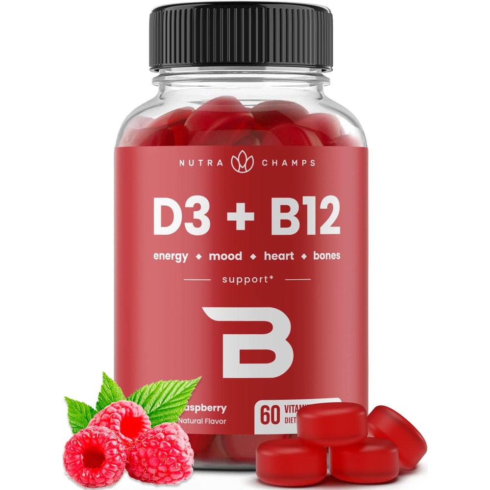NutraChamps Vitamin D3 and B12 Methyl B12 Gummies 60 count bottle front view