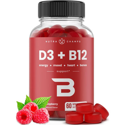 NutraChamps Vitamin D3 and B12 Methyl B12 Gummies 60 count bottle front view