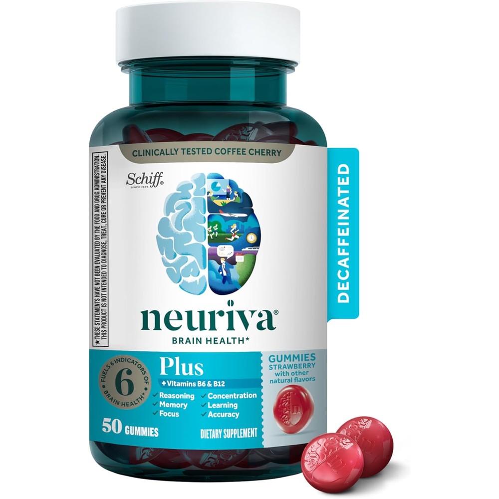 NEURIVA Plus Brain Health Support 50 Gummies front view bottle showcasing the strawberry flavor flavor details