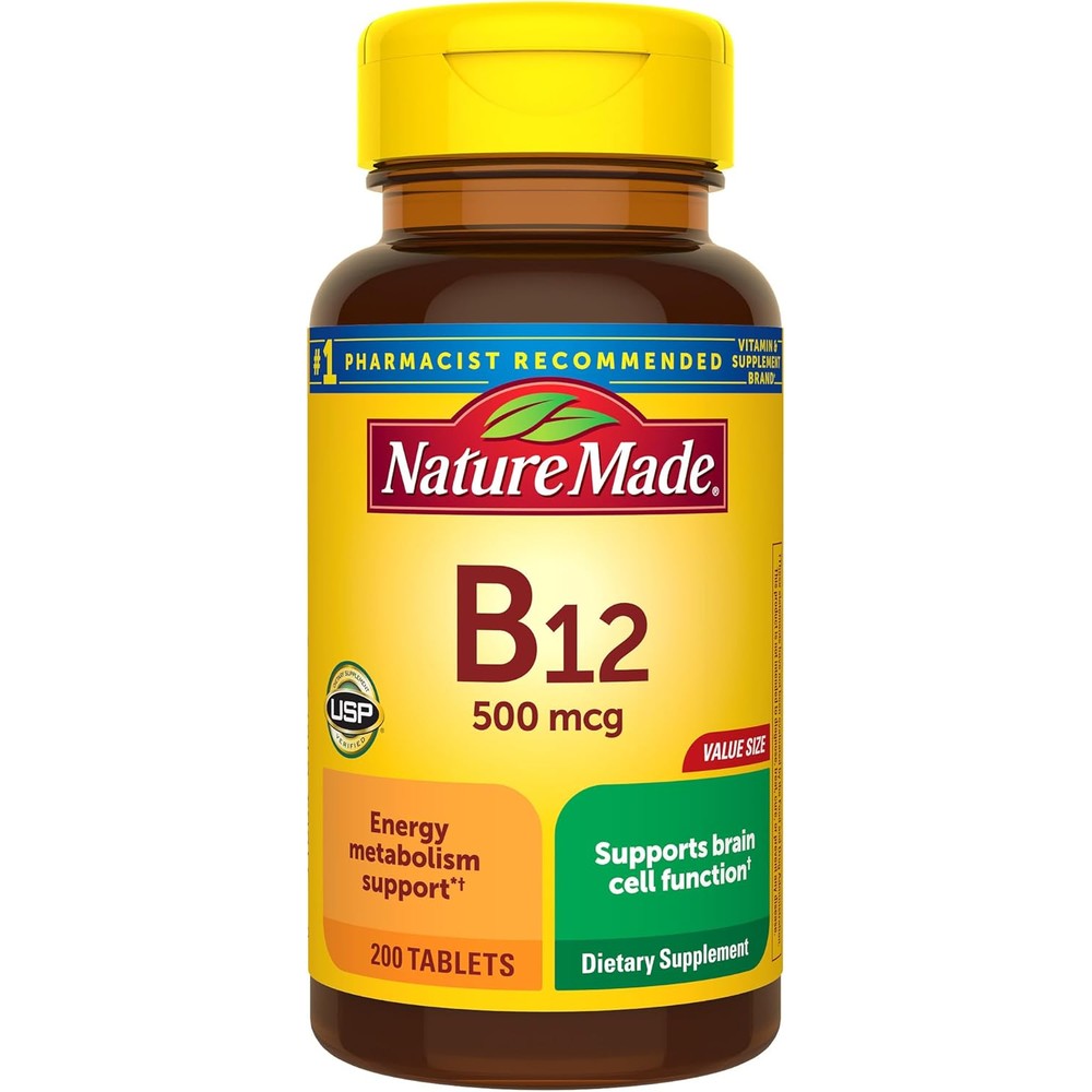 Nature Made Vitamin B12 500 Micrograms dietary supplement front view showing packaging details