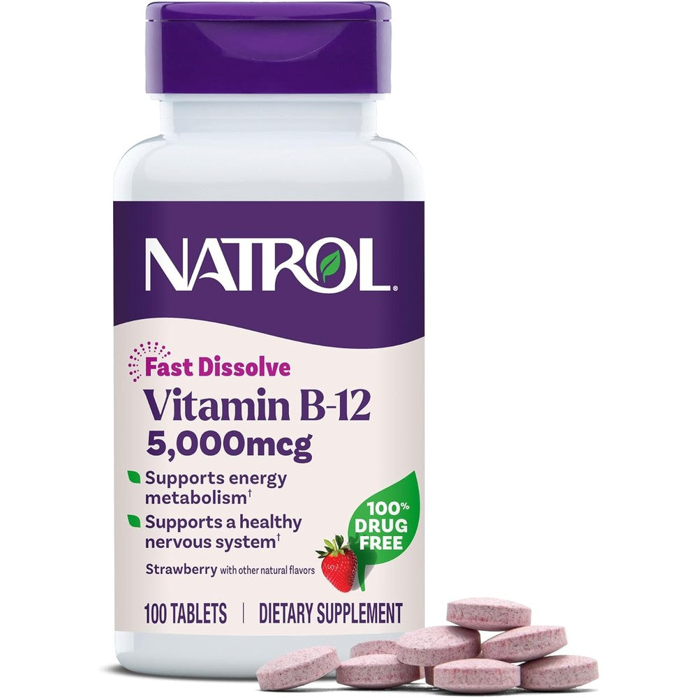 Natrol Vitamin B12 5000 Micrograms Fast Dissolve 100 Tablets front view bottle for energy support