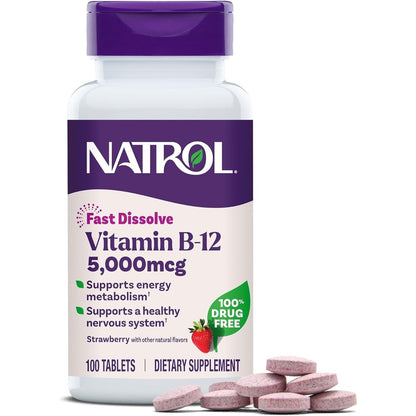 Natrol Vitamin B12 5000 Micrograms Fast Dissolve 100 Tablets front view bottle for energy support