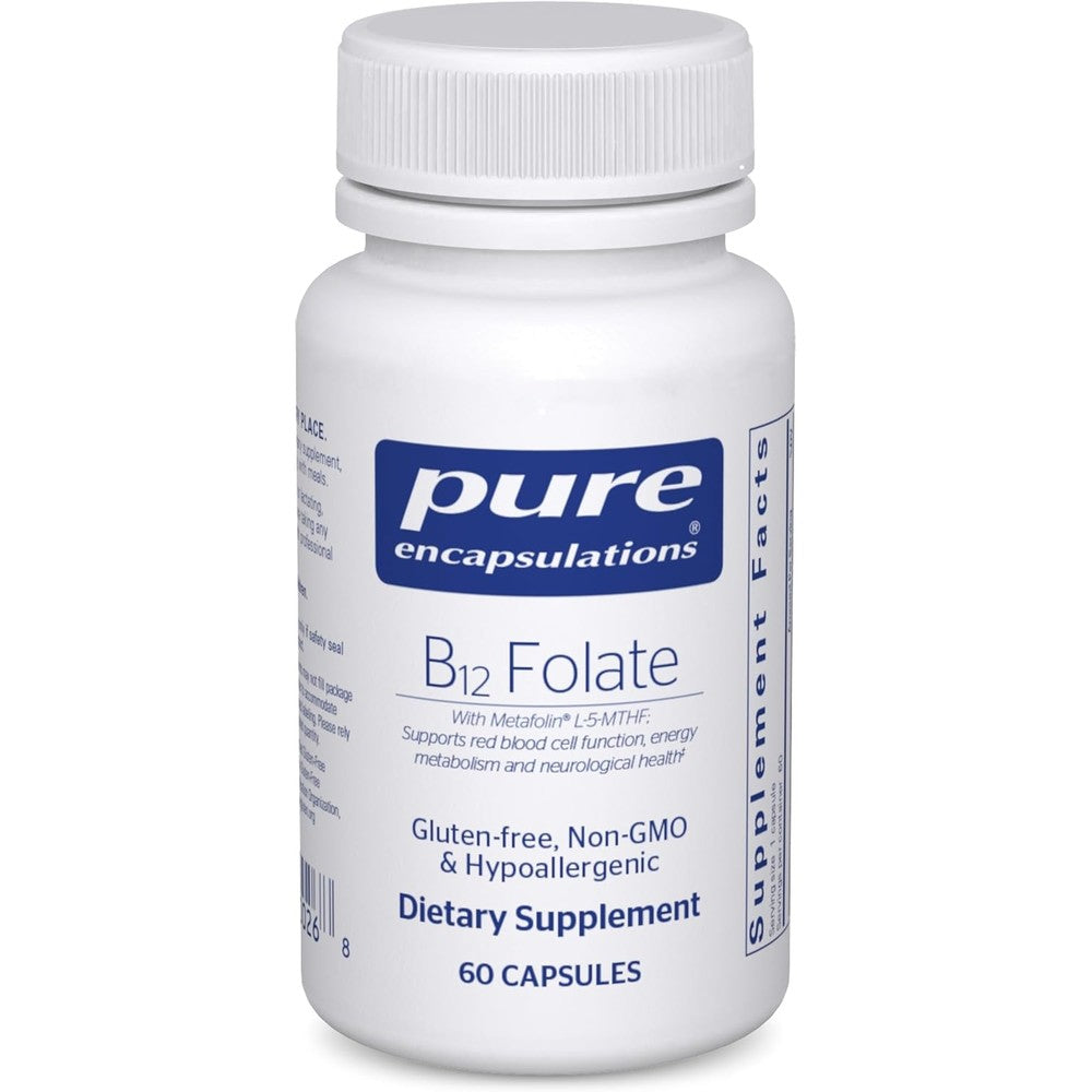 Pure Encapsulations B12 Folate 60 Capsules bottle front view showing authentic USA imported dietary supplement label.
