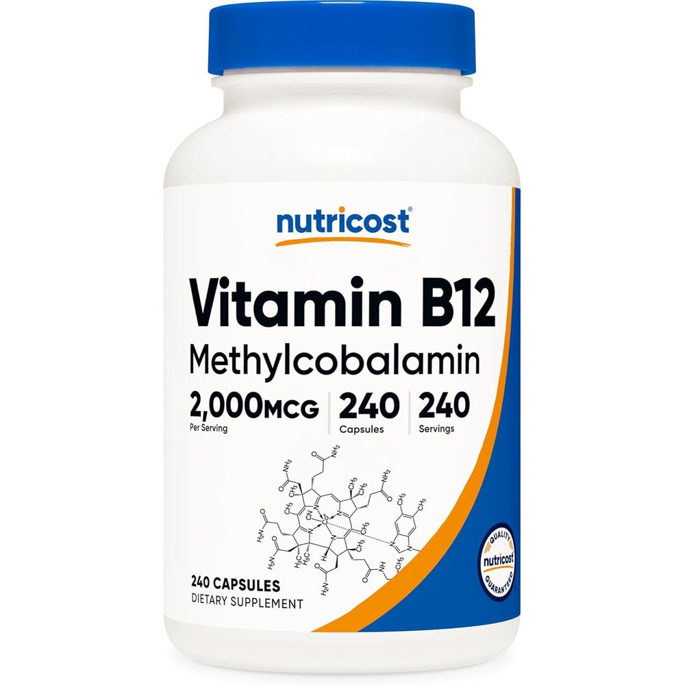 Nutricost Vitamin B12 Methylcobalamin 2000mcg front view of bottle containing 240 vegetarian capsules